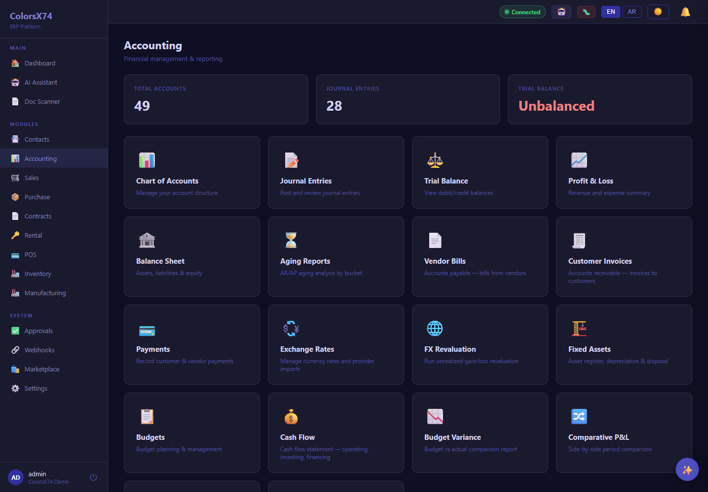 ColorsX74 ERP Accounting landing screen with demo data