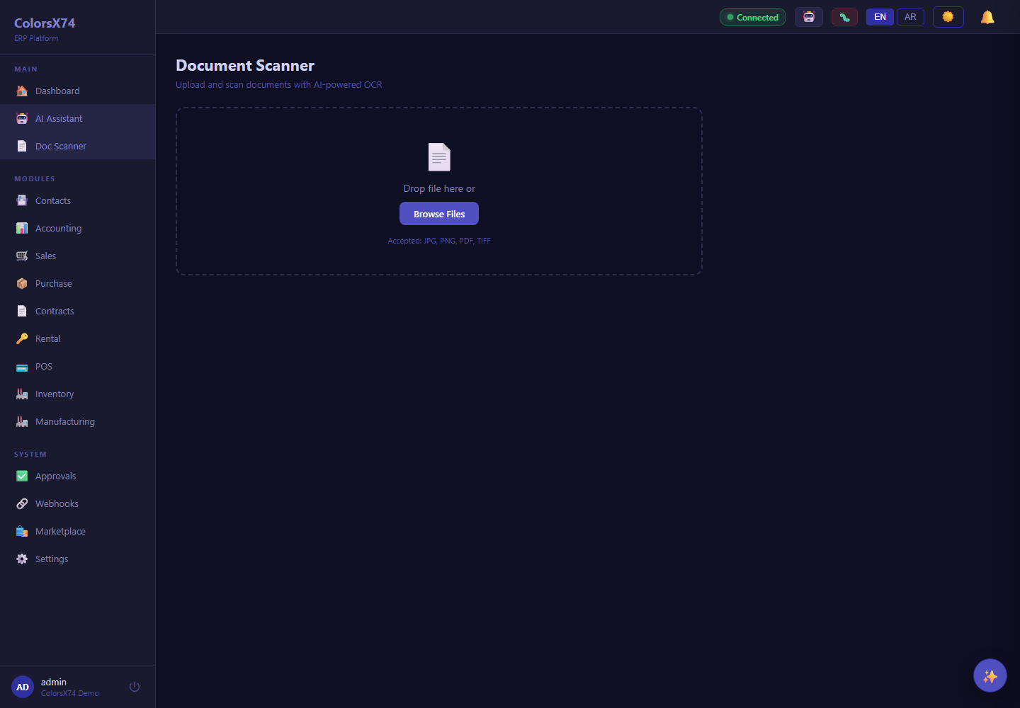 ColorsX74 ERP AI document scan screen with demo data