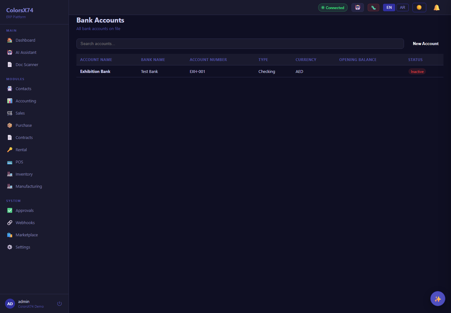 ColorsX74 ERP Bank accounts screen with demo data