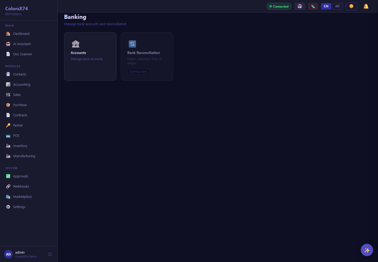 ColorsX74 ERP Banking landing screen with demo data