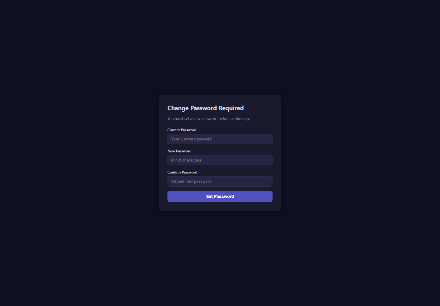 ColorsX74 ERP Change password screen with demo data