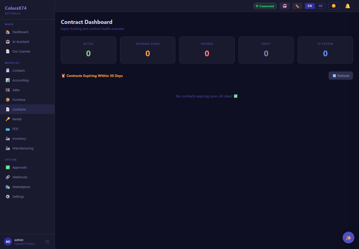 ColorsX74 ERP Contracts dashboard screen with demo data
