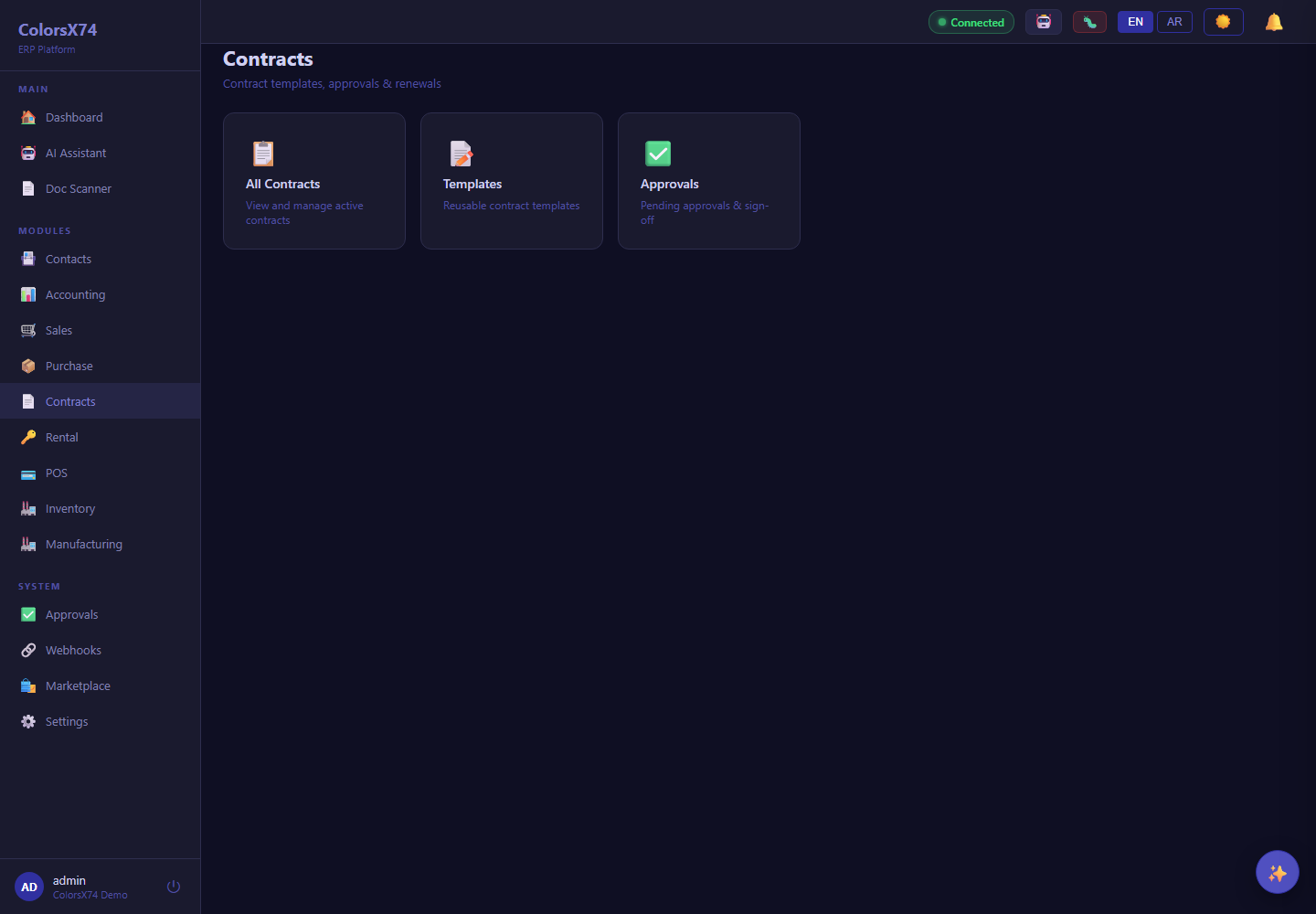 ColorsX74 ERP Contracts landing screen with demo data