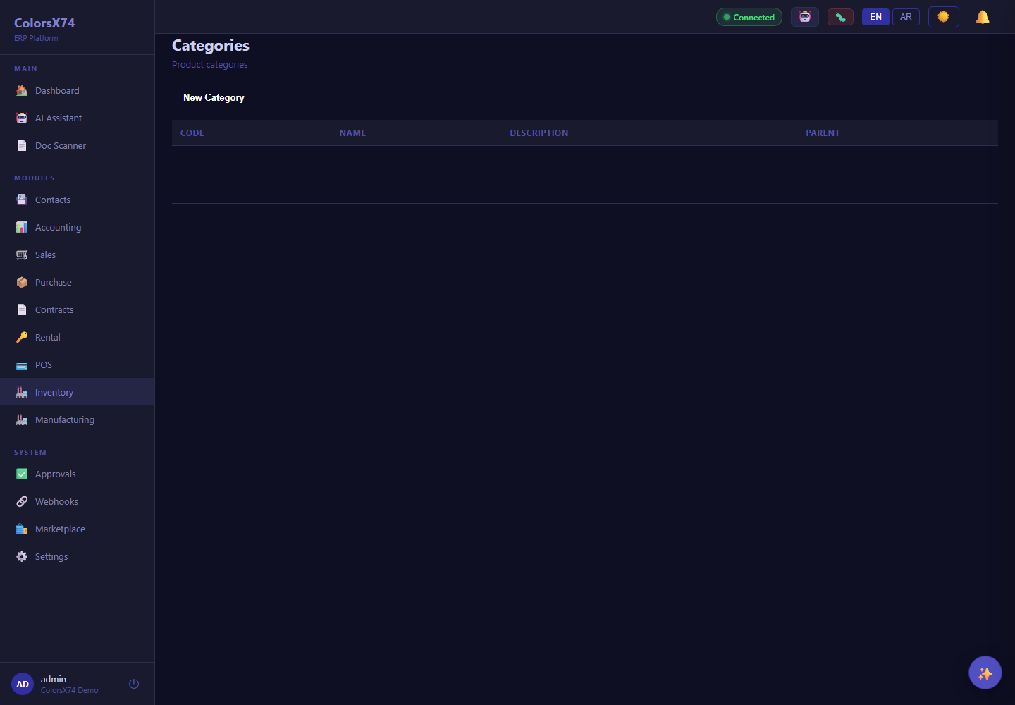 ColorsX74 ERP Categories screen with demo data