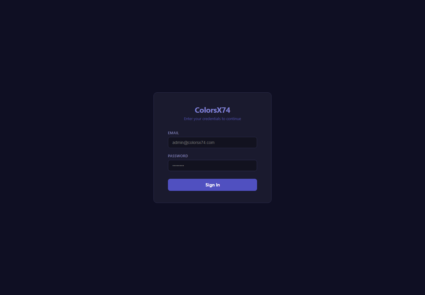 ColorsX74 ERP Login screen with demo data