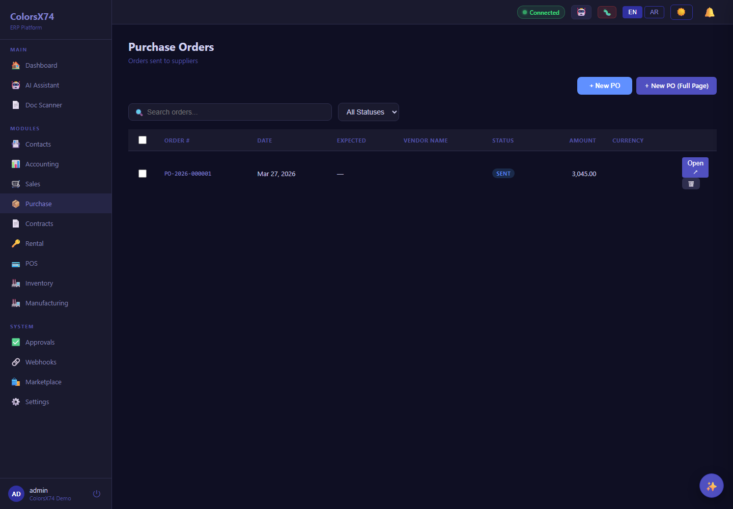 ColorsX74 ERP Purchase orders screen with demo data