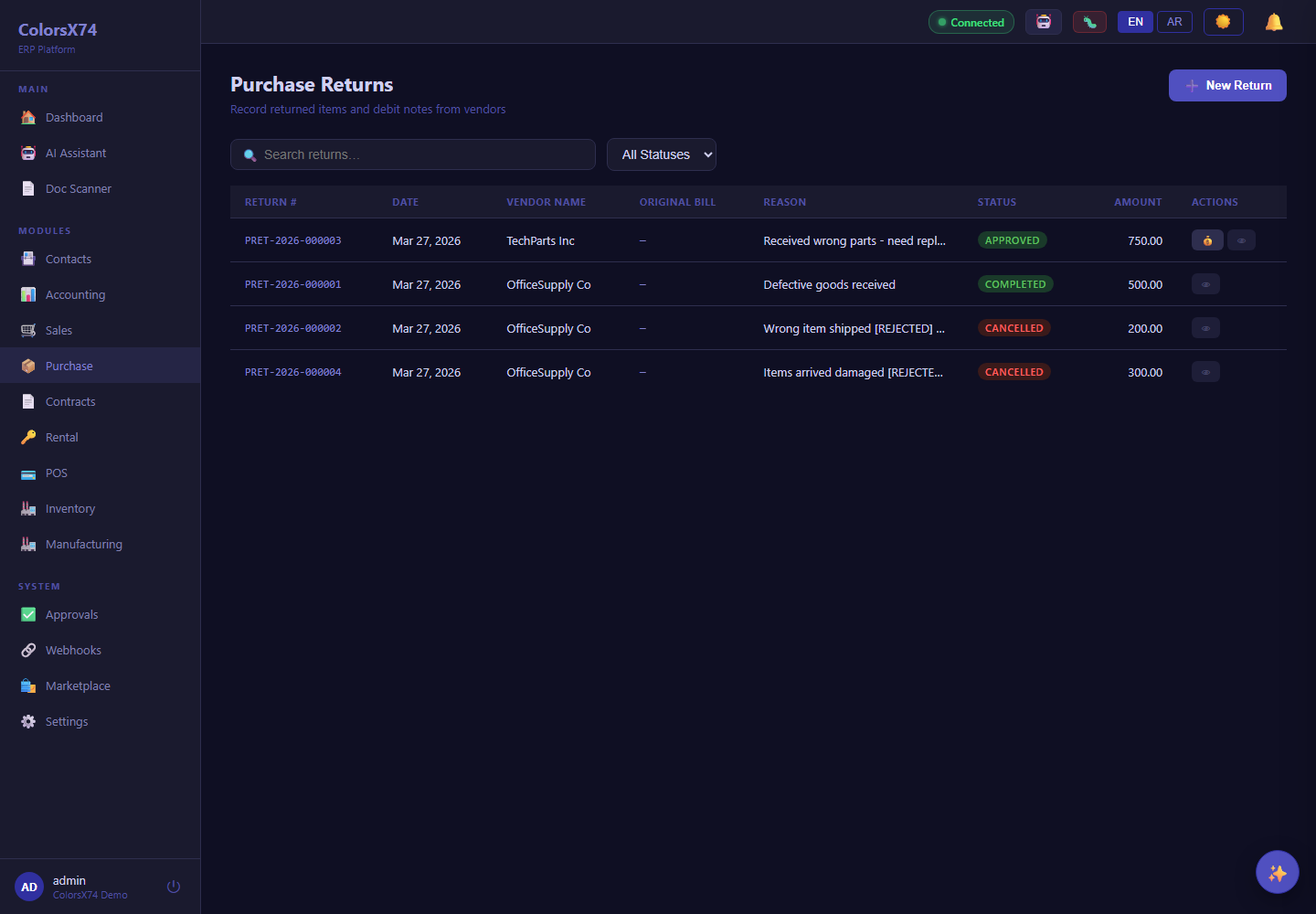 ColorsX74 ERP Purchase returns screen with demo data