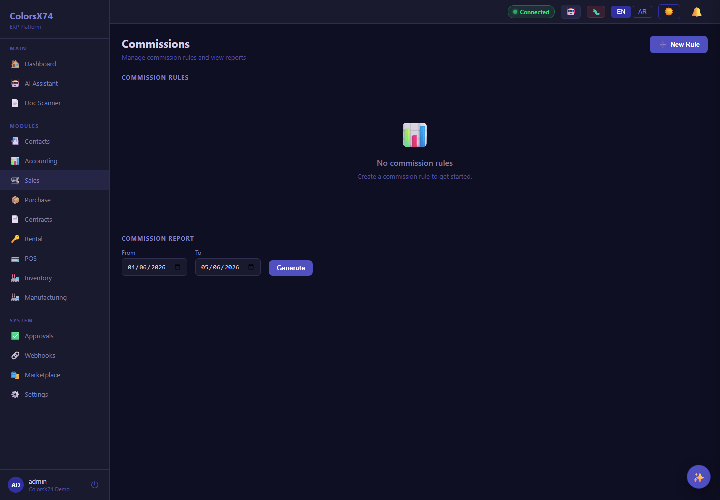 ColorsX74 ERP Commissions screen with demo data