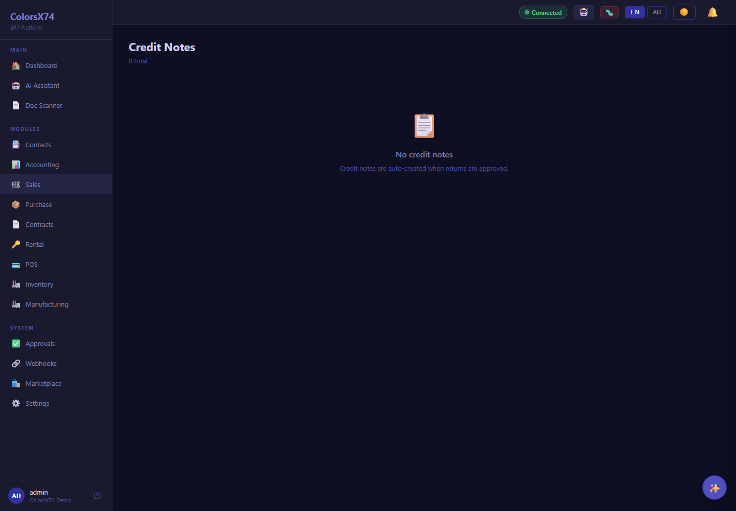 ColorsX74 ERP Credit notes screen with demo data